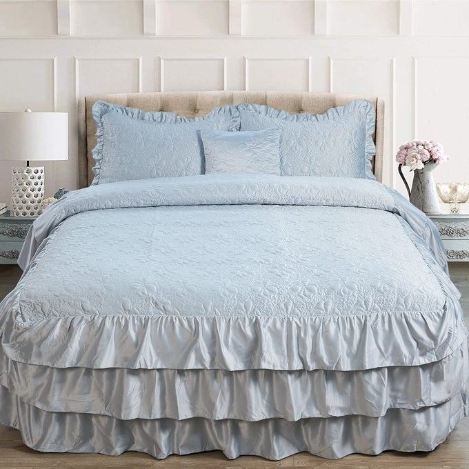 4 PIECE MATTE SATIN RUFFLE QUILTED BEDSPREAD SET 24 DROP RUFFLED STYLE BED SKIRT COVERLETS LIGHTWEIGHT REVERSIBLE BEDDING SET COVER KING 78 X 80 24 LIGHT BLUE