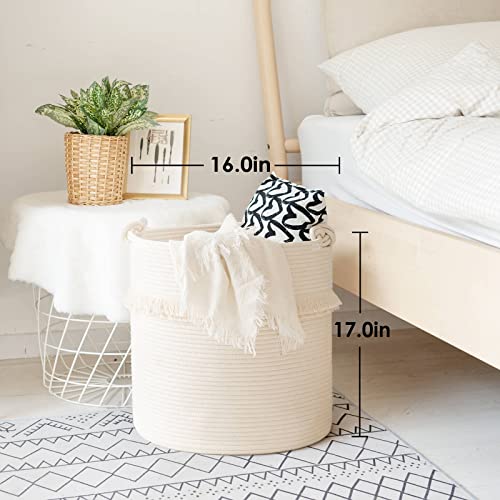CherryNow Extra Large Woven Storage Baskets – 17'' x 16'' Cotton Rope Decorative Hamper for Magazine, Toys, Blankets, and Laundry, Cute Tassel Nursery Decor - Home Storage Container Off-white - Image 3