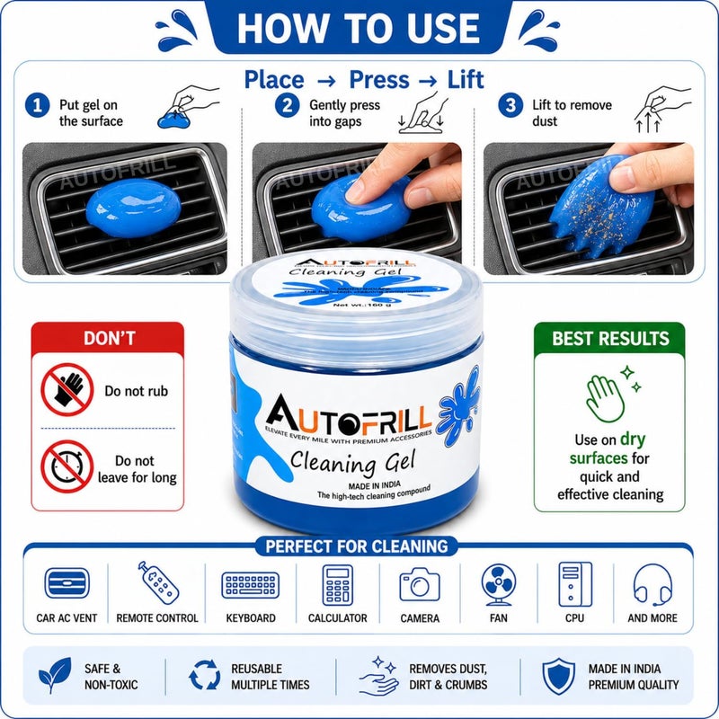 AUTOFRILL مجموعة AUTOFRILL متعددة الاستخدامات لتنظيف الغبار من مداخل تكييف السيارات والأجزاء الداخلية، وتنظيف لوحات المفاتيح وأجهزة الكمبيوتر واللابتوب والأجهزة الإلكترونية (اللون الأزرق) (عبوة واحدة) - Image 4