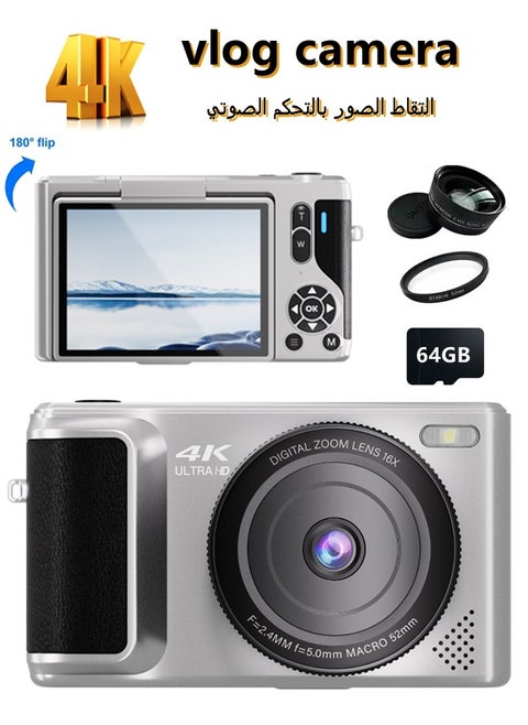 Digital Camera, 4K Vlogging Camera, Kids Camera 64MP Point and Shoot Digital Cameras with 64GB TF Card, 16X Zoom,Voice-controlled shuttermera