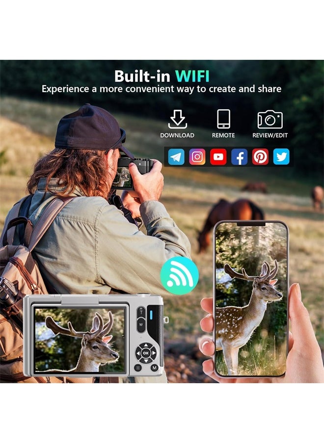 Digital Camera, 4K Vlogging Camera, Kids Camera 64MP Point and Shoot Digital Cameras with 64GB TF Card, 16X Zoom,Voice-controlled shuttermera