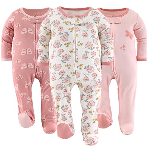 The Peanut Shell The Peanutshell Baby Sleepers for Girls Set of 3 Newborn Baby Clothes Soft Cotton Girl Footed Pajamas Newborns Infants Clothes Gift Set Boho Butterfly - Image 1