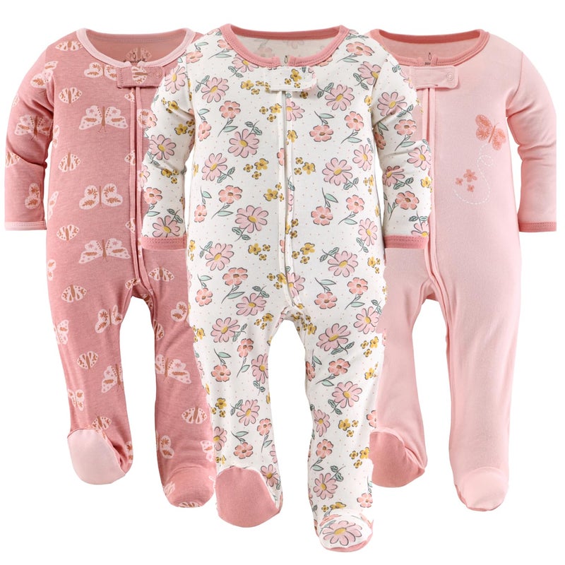 The Peanut Shell The Peanutshell Baby Sleepers for Girls Set of 3 Newborn Baby Clothes Soft Cotton Girl Footed Pajamas Newborns Infants Clothes Gift Set Boho Butterfly - Image 2