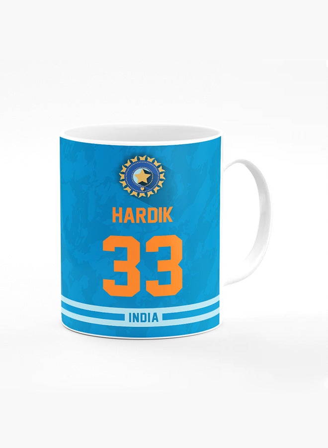 Stylizedd Designer Printed Coffee Mug with Heavy Duty Handle 11oz Ceramic Personalised Gift Mugs Cup - Cricket Player - Hardik Pandya, Jersey Number - 33 (With Logo) - Image 1