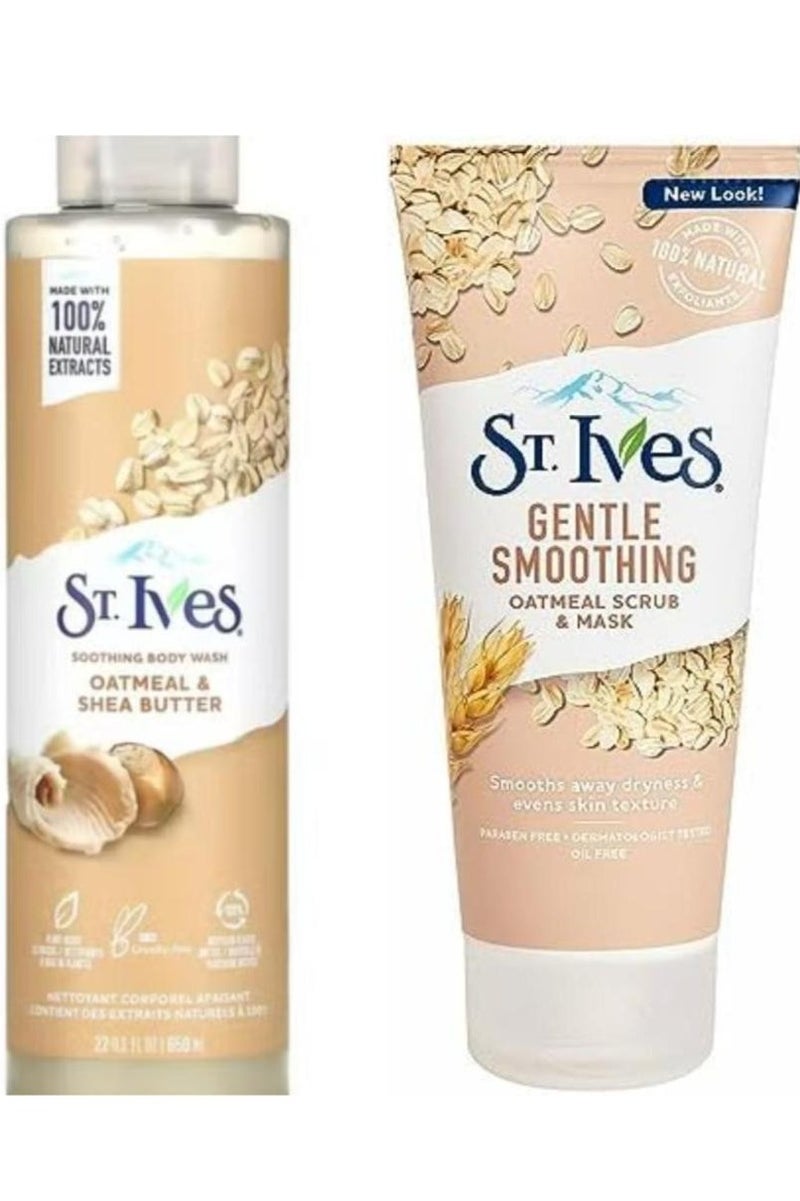 سانت آيفز أفضل مجموعة من قطعتين من دقيق الشوفان وزبدة الشيا مقشر وقناع الشوفان المغذي والناعم 170 جرام + غسول الجسم المرطب للبشرة الحساسة والجافة 650 مل