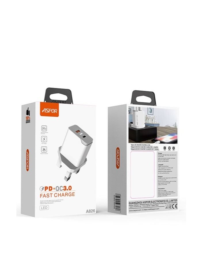 Aspor Aspor A826 20W  PD+ QC FAST CHARGER/ UK PIN  - Image 1
