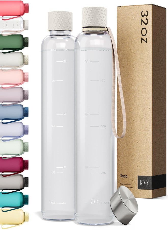 KIVY Slim Water Bottle 32oz [Lightweight & Shatterproof] Fits Backpack & Cupholder for Travel, Sports, School, Gym - Clear water bottle with measurements - Transparent Tritan Beige - Dishwasher Safe - Image 1