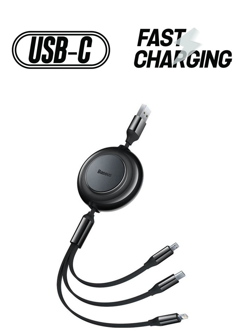 Baseus Multi Charging Cable 3.5A (1.1m) 3 in 1 Retractable Multi USB Cable Fast Charger Cord Adapter with IP/Type C/Micro USB Port for Cell Phones/IP/Samsung Galaxy/Ps/Tablets and More Black - Image 1