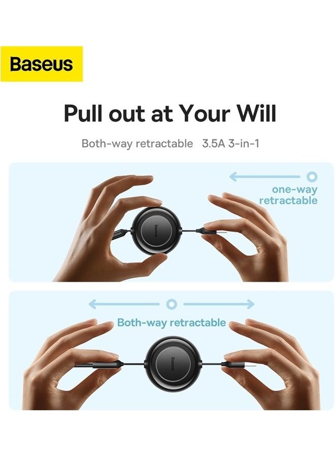 Baseus Multi Charging Cable 3.5A (1.1m) 3 in 1 Retractable Multi USB Cable Fast Charger Cord Adapter with IP/Type C/Micro USB Port for Cell Phones/IP/Samsung Galaxy/Ps/Tablets and More Black - Image 3