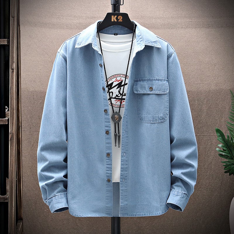 Foreign Trade Spring and Autumn Classic Fashion Mens Workwear Long-sleeved Denim Shirt Casual Simple All-match Shirt Washed Jacket Dark Blue  - Image 2
