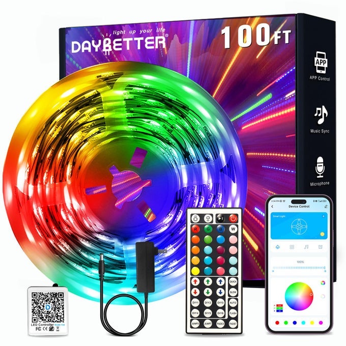 LED STRIP LIGHTS 100FT SMART LIGHTING WITH APP REMOTE CONTROL RGB LED LIGHTS FOR BEDROOM MUSIC SYNC COLOR CHANGING FOR ROOM HOME DECOR PARTY 1 ROLL