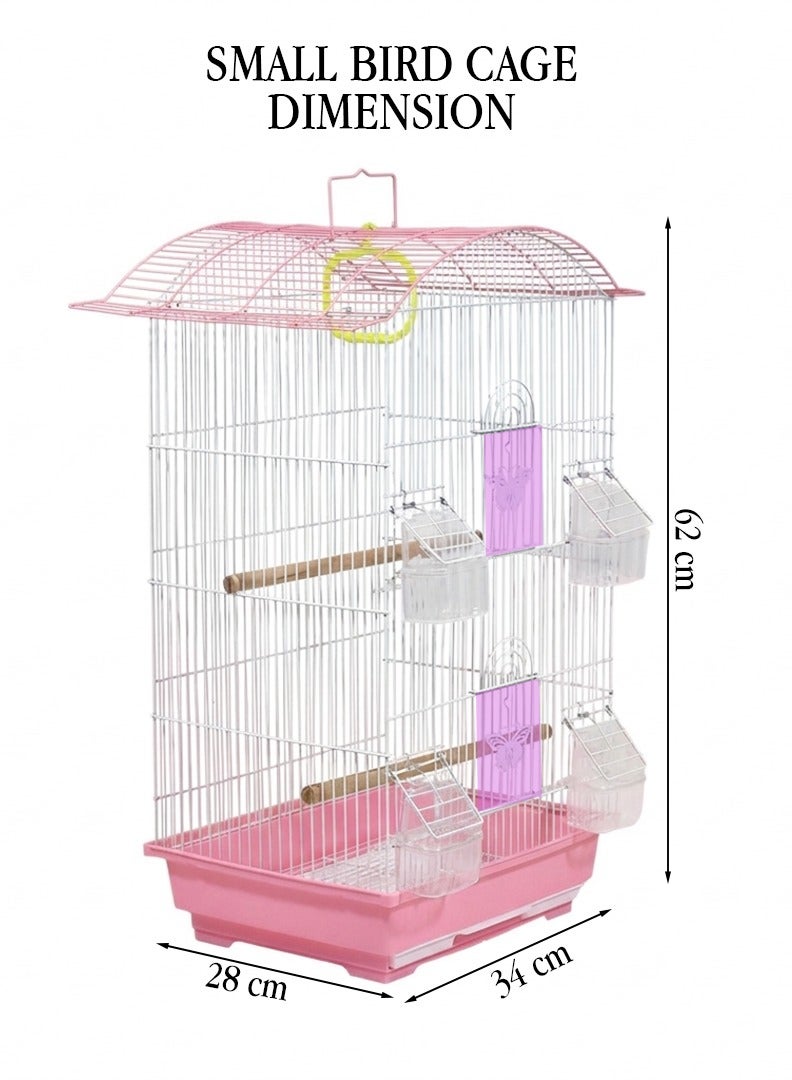NNC PETS Portable bird cage with Hanging, Easy to carry, and Indoor-Outdoor use, 62 cm Small cage for Lovebirds, Budgies and Small Parrots, Metal bird cage with Feeders, Play swing and Perches (Pink) - Image 2