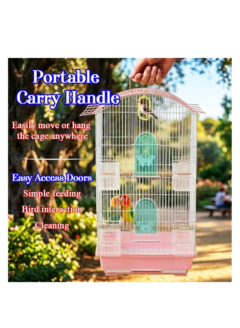NNC PETS Portable bird cage with Hanging, Easy to carry, and Indoor-Outdoor use, 62 cm Small cage for Lovebirds, Budgies and Small Parrots, Metal bird cage with Feeders, Play swing and Perches (Pink) - Image 5