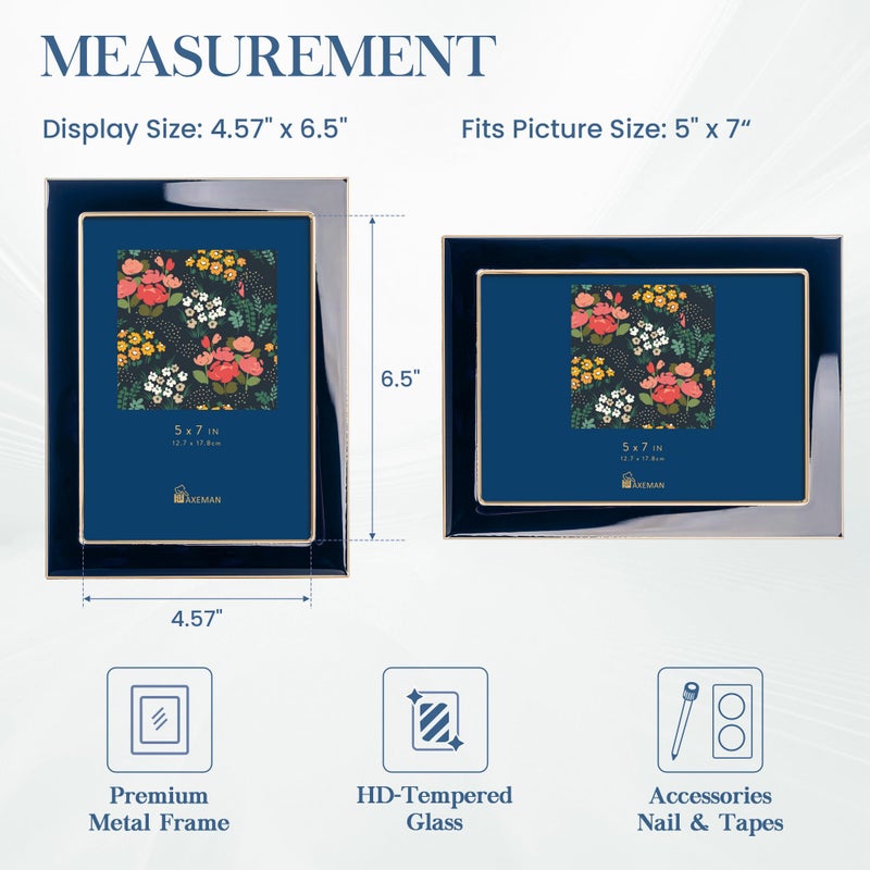Axeman 5x7 Enamel Picture Frames with Tempered Glass|5 x 7 Modern Photo Frame with Gold Metal Edge Velvet Back for Tabletop and Wall Mount Display for Shelf  Desk & Countertop Decor  Navy Blue - Image 3