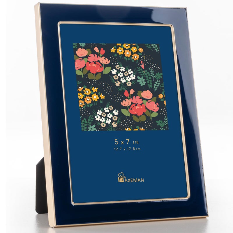 Axeman 5x7 Enamel Picture Frames with Tempered Glass|5 x 7 Modern Photo Frame with Gold Metal Edge Velvet Back for Tabletop and Wall Mount Display for Shelf  Desk & Countertop Decor  Navy Blue - Image 1