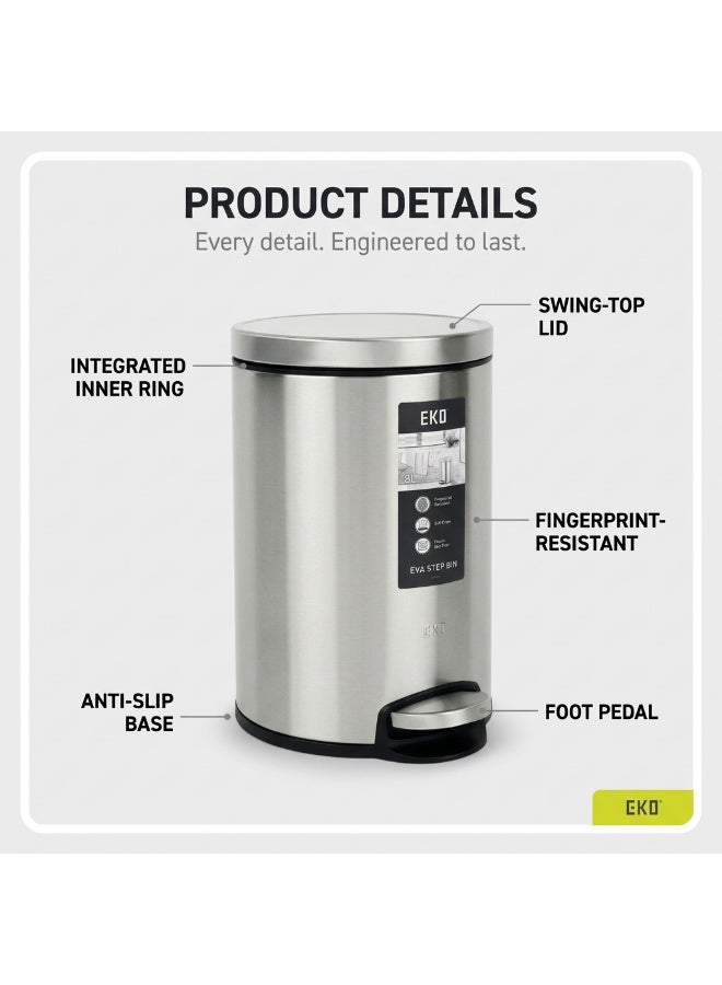 EKO EVA Stainless Steel Pedal Bin | Fingerprint Resistant Soft Close Bathroom & Office Waste Bin | 8L | Silver - Image 2
