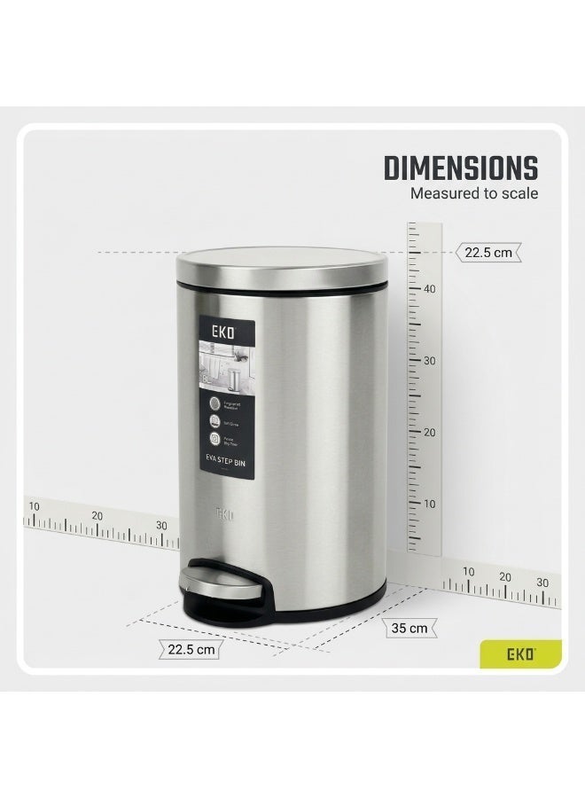 EKO EVA Stainless Steel Pedal Bin | Fingerprint Resistant Soft Close Bathroom & Office Waste Bin | 8L | Silver - Image 3