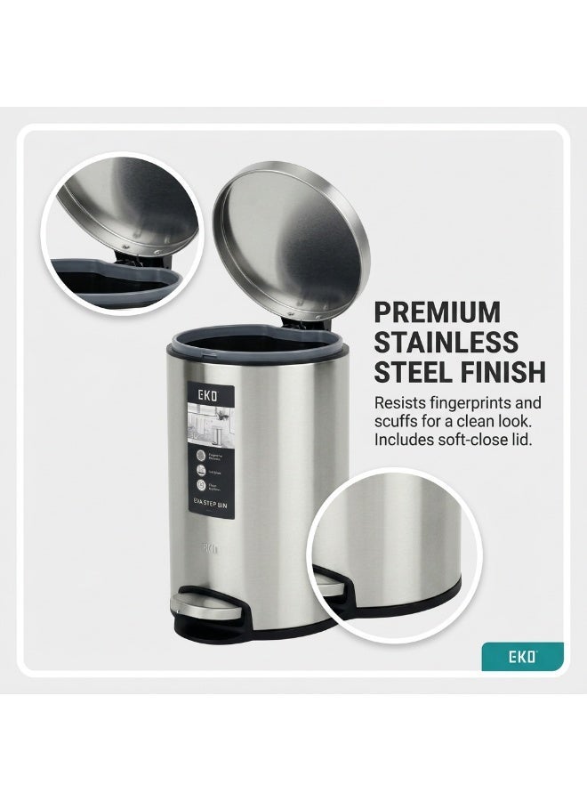 EKO EVA Stainless Steel Pedal Bin | Fingerprint Resistant Soft Close Bathroom & Office Waste Bin | 8L | Silver - Image 4