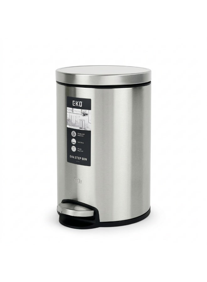 EKO EVA Stainless Steel Pedal Bin | Fingerprint Resistant Soft Close Bathroom & Office Waste Bin | 8L | Silver - Image 1