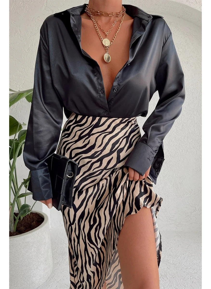 MyLove Zebra Pattern Satin Skirt Beige