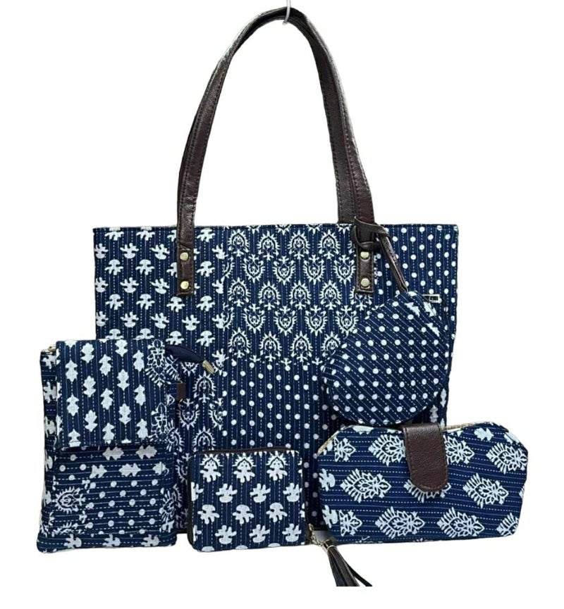 SHIVKARI Women's Ladies Traditional Ikkat Cotton 5 Pieces Combo Bag (Blue & White) - Image 1