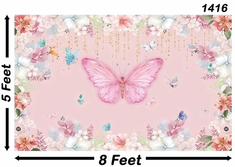 Backdropon Butterfly Backdrop for Photography, Pink Butterfly Colorful Flowers Blossom Background Princess Birthday Party Banner Photo Booth Props Photoshoot Size 5Feet Height and 8Feet Width(5 * 8) - Image 3
