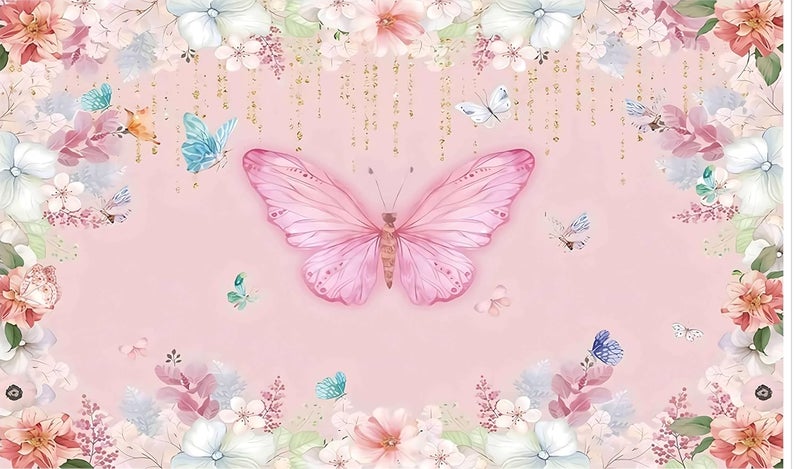 Backdropon Butterfly Backdrop for Photography, Pink Butterfly Colorful Flowers Blossom Background Princess Birthday Party Banner Photo Booth Props Photoshoot Size 5Feet Height and 8Feet Width(5 * 8) - Image 1
