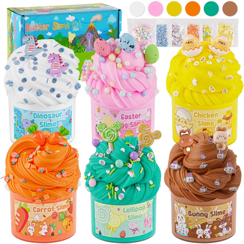 LAWOHO Butter Slime Kit Easter Basket Stuffers - 6 Prefilled Easter Eggs with Butter Slime & Cute Slimes Add-ins, Soft & Non Stick Fluffy Slimes for Birthday Party Favors for Girls & Boys Egg Fillers - Image 1