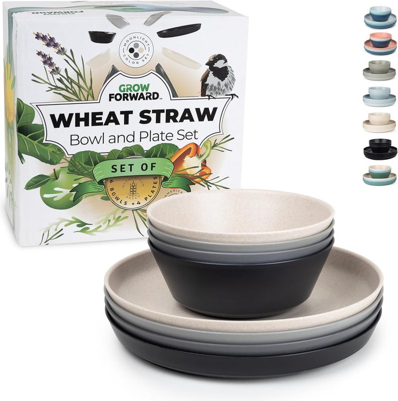 Grow Forward Premium Wheat Straw Plates and Bowls Sets  8Piece Wheat Straw Dinnerware Sets  Unbreakable  Reusable Microwave Safe Plastic Dinner Plates for Outdoors RV Camping Dishes  Moonlight - Image 1