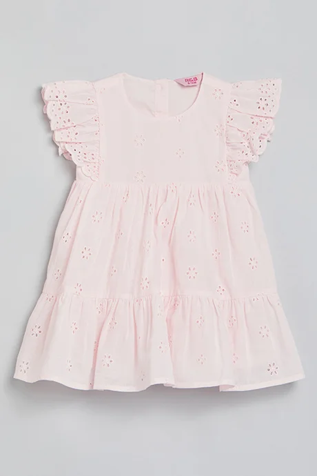 أر أند بي Schiffli Tiered Dress with Crew Neck and Flutter Sleeves