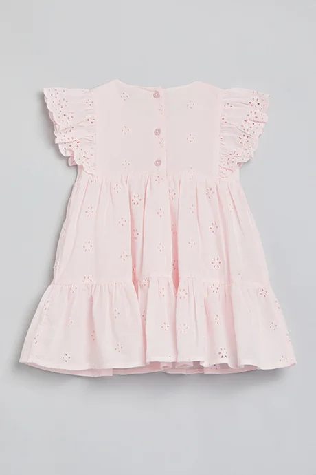 أر أند بي Schiffli Tiered Dress with Crew Neck and Flutter Sleeves
