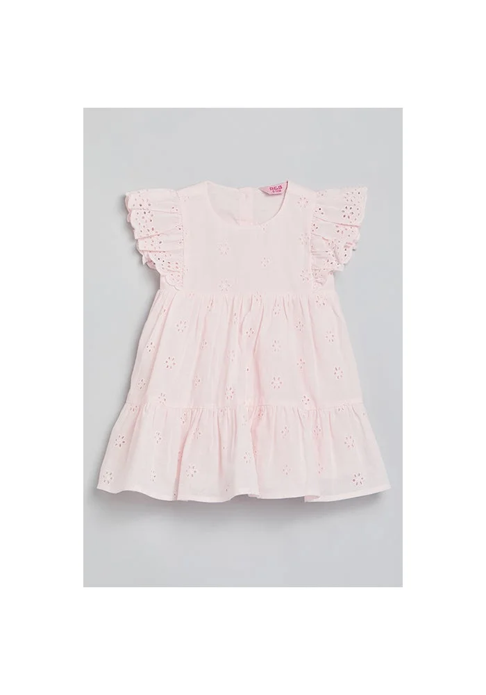 R&b Schiffli Tiered Dress with Crew Neck and Flutter Sleeves