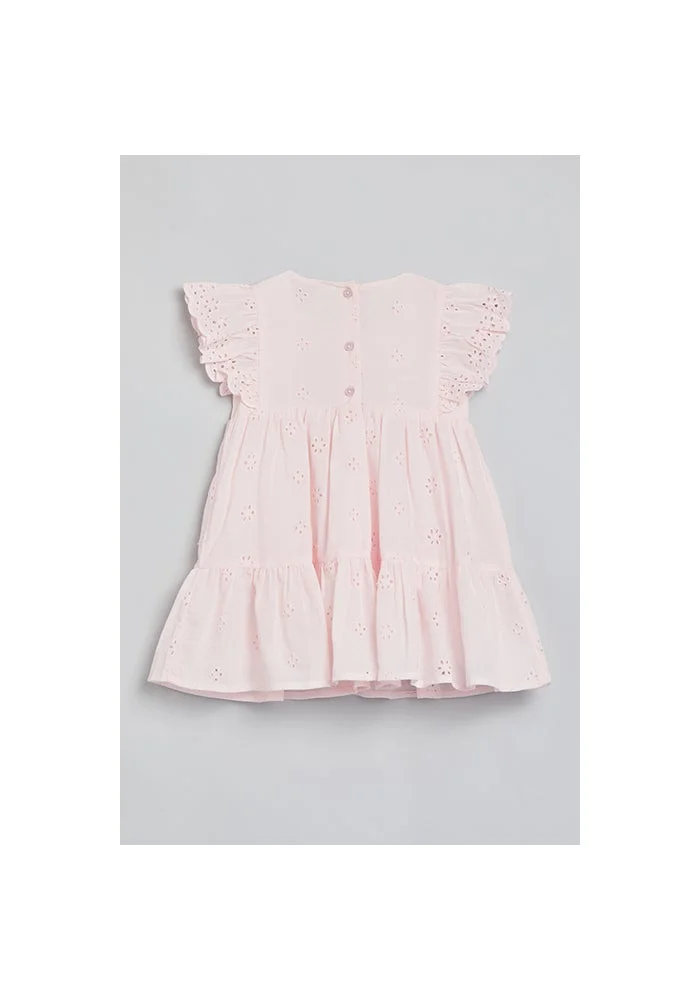 R&b Schiffli Tiered Dress with Crew Neck and Flutter Sleeves