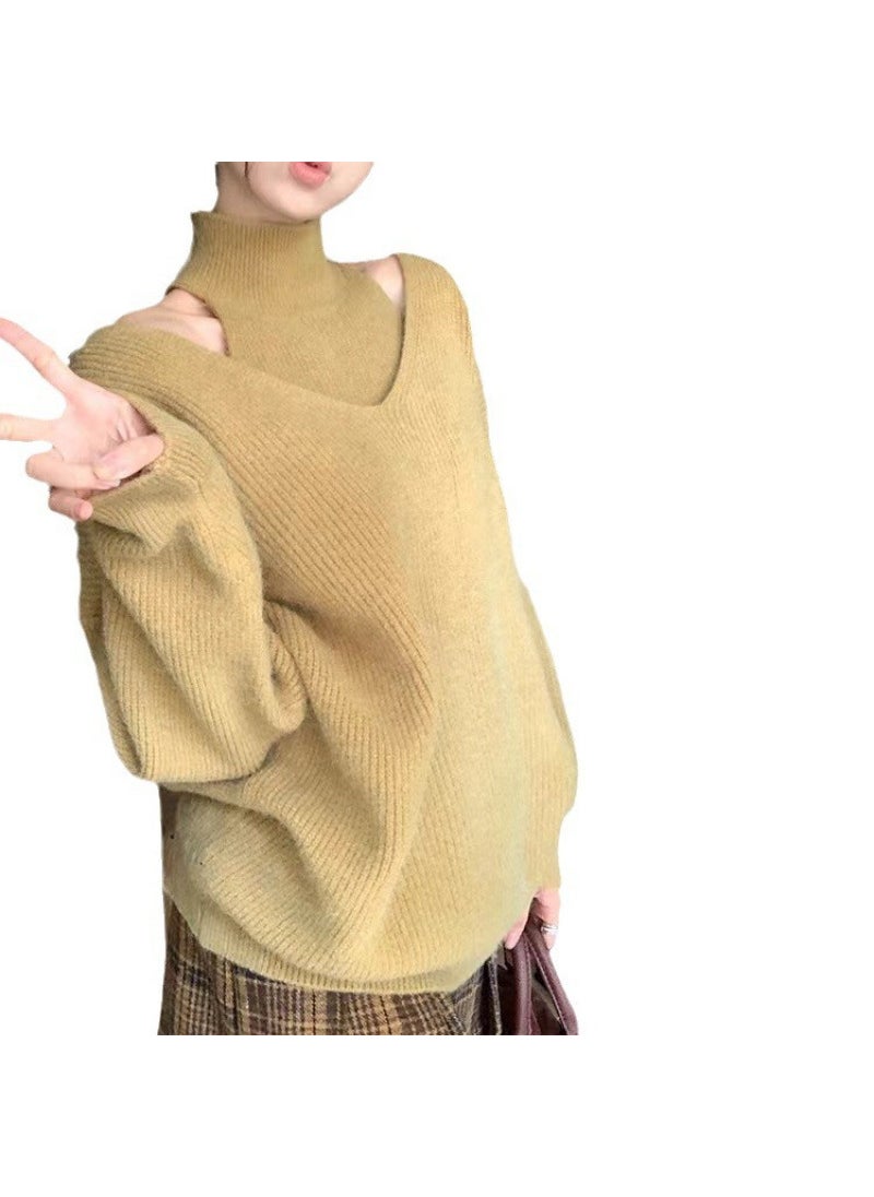 Generic - Loose Korean Style Shoulder Bared Mid-Length Knitted Sweater Set Autumn Winter Outerwear Design Casual Comfortable Polyester Blend Green - Image 1