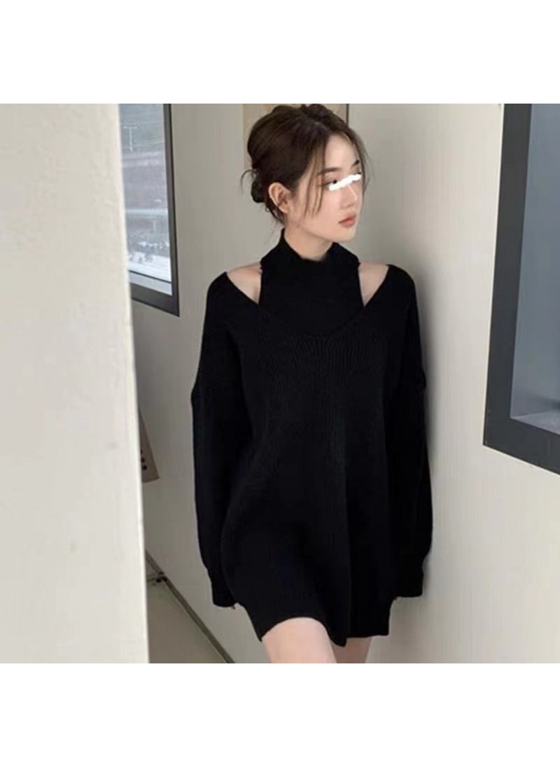 Generic - Loose Korean Style Shoulder Bared Mid-Length Knitted Sweater Set Autumn Winter Outerwear Design Casual Comfortable Polyester Blend Green - Image 1