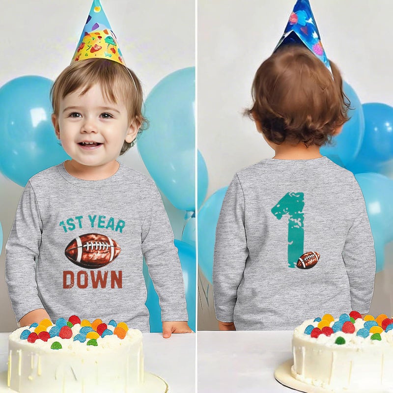 TITKKOP First Birthday Shirt Baby Boys One Year Old Tops 1st Birthday T-Shirt Cotton Long Sleeve Clothes Outfit Light Gray Football 12-18 Months - Image 2