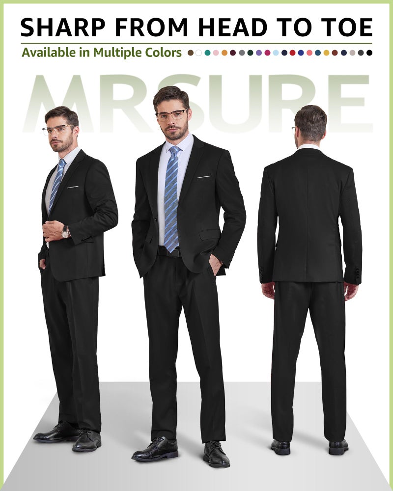 MrSure Men's 2 Piece Suit with Tie, One Button Slim Fit Solid Jacket and Pants Set, Suits for Men Prom Party Wedding Business, Black - Image 2