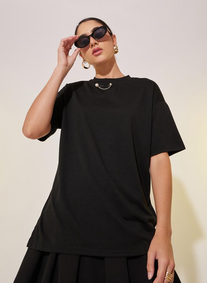 Take Two Round Neck Waist Bucklet Detail Plain Tee - Image 1