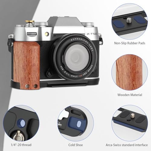 LEFTFOTO XT50 Retro Handgrip LShape Bracket Handle with Wooden Grip for Fujifilm XT50 Camerawith Builtin Bottom Arca Quick Release Plate with Shutter ButtonBlack - Image 3