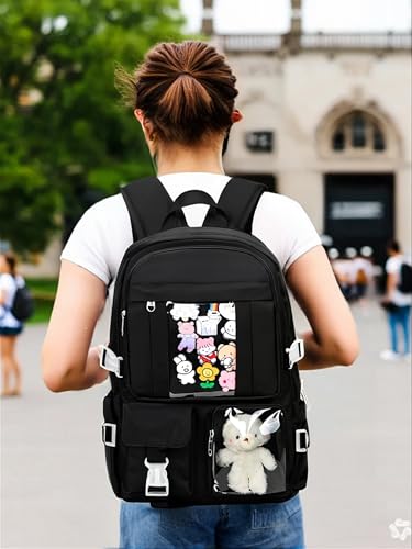 PRLINJSK Kawaii Backpack for Teen Girls Cute Aesthetic High Middle School College Bookbag with Accessories Black - Image 3