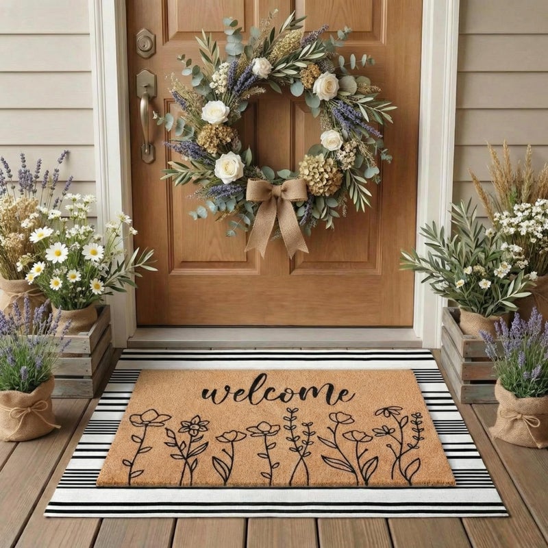 Drydiet 2 Pcs Wildflower Outdoor Layered Doormat Set Floral Welcome Coir Front Door Mat with Black White Striped Rug Farmhouse Non Slip Porch Entryway Rug for Spring Summer Entrance Decor - Image 2