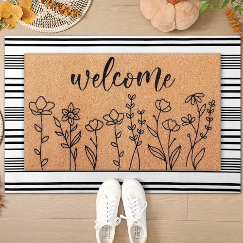 Drydiet 2 Pcs Wildflower Outdoor Layered Doormat Set Floral Welcome Coir Front Door Mat with Black White Striped Rug Farmhouse Non Slip Porch Entryway Rug for Spring Summer Entrance Decor - Image 3