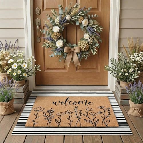 Drydiet 2 Pcs Wildflower Outdoor Layered Doormat Set Floral Welcome Coir Front Door Mat with Black White Striped Rug Farmhouse Non Slip Porch Entryway Rug for Spring Summer Entrance Decor - Image 1