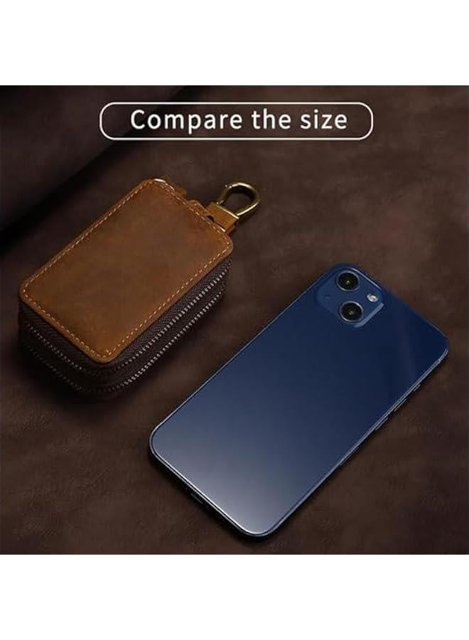 Key Holder Leather | Retro Leather Wear Resistant | Vintage Car Key Holder | Car Key Organizer - Compact Dual Zipper Key Pouch for Car Keys, Smart Key Hold and Cards - Image 4