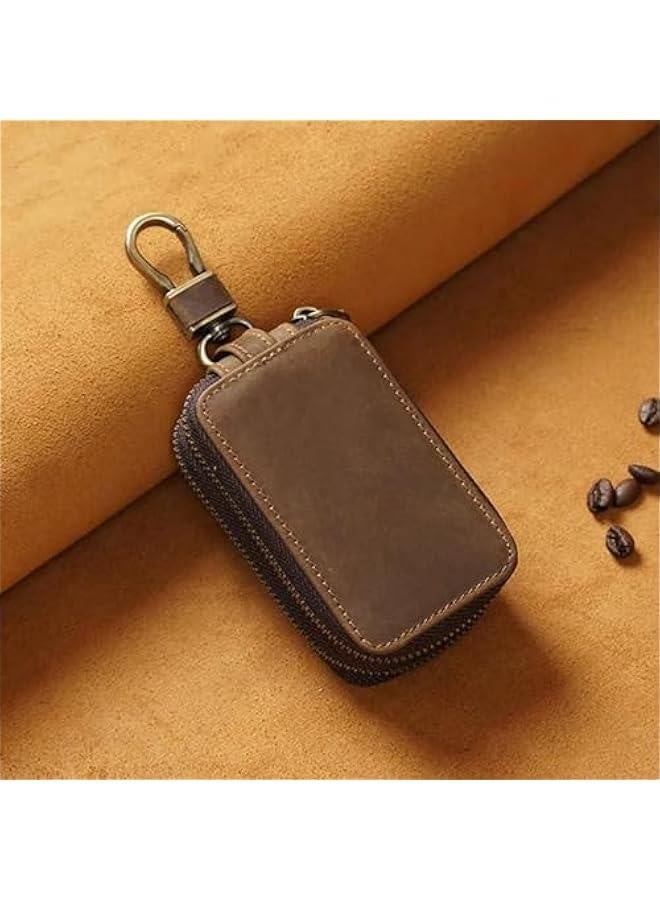 Key Holder Leather | Retro Leather Wear Resistant | Vintage Car Key Holder | Car Key Organizer - Compact Dual Zipper Key Pouch for Car Keys, Smart Key Hold and Cards - Image 3