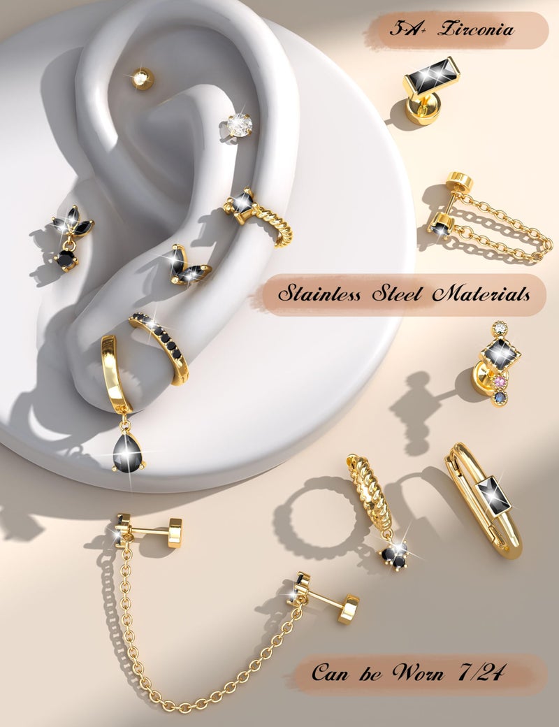ORAZIO 20G Helix Piercing Jewelry Flat Back Cartilage Earrings for Women Surgical Stainless Steel Hypoallergenic Gold Hoop Stud Earrings Set Tragus Helix Piercing Jewelry for Sensitive Ears Single Pc C - Image 5