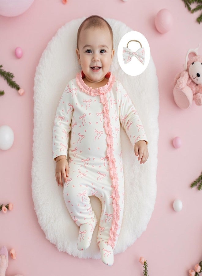 BULINGNA Newborn Baby Girl Outfits Bow Print Jumpsuit Ruffle Zipper Footed One-Piece Romper Cute Fall Winter Baby Outfit (Pink, Newborn) - Image 3