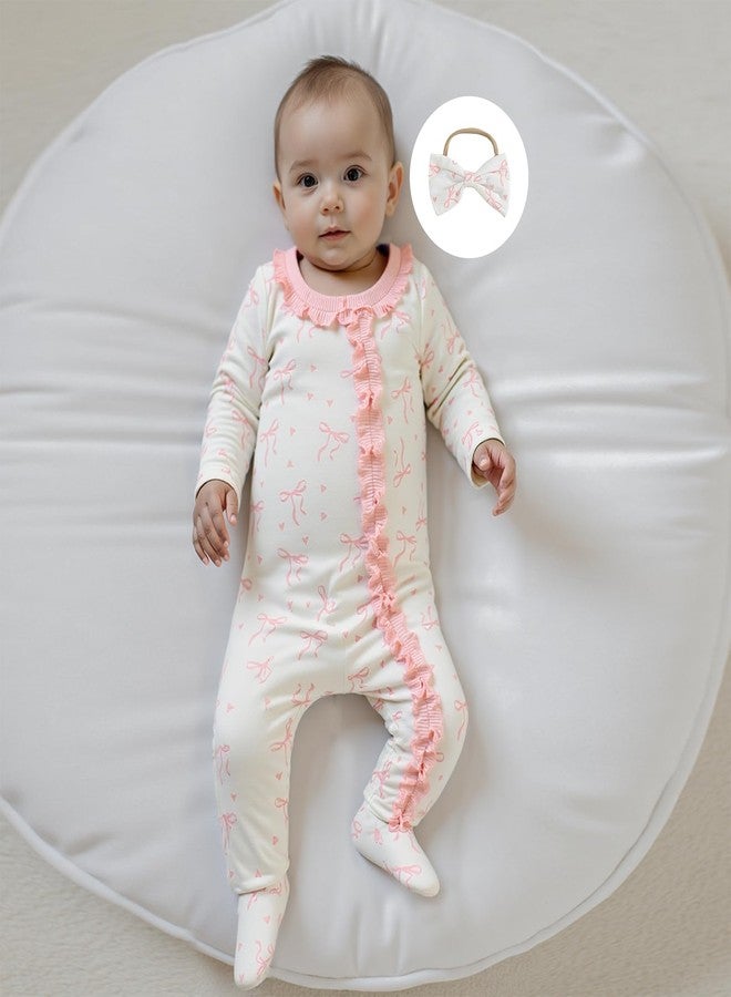 BULINGNA Newborn Baby Girl Outfits Bow Print Jumpsuit Ruffle Zipper Footed One-Piece Romper Cute Fall Winter Baby Outfit (Pink, Newborn) - Image 2
