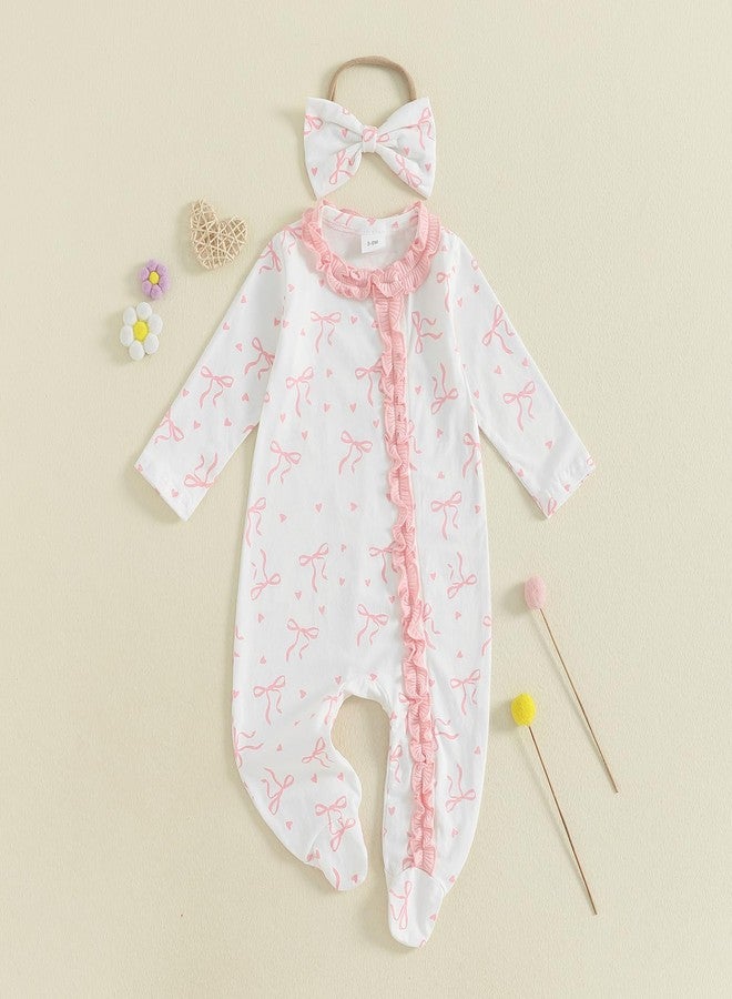 BULINGNA Newborn Baby Girl Outfits Bow Print Jumpsuit Ruffle Zipper Footed One-Piece Romper Cute Fall Winter Baby Outfit (Pink, Newborn) - Image 4