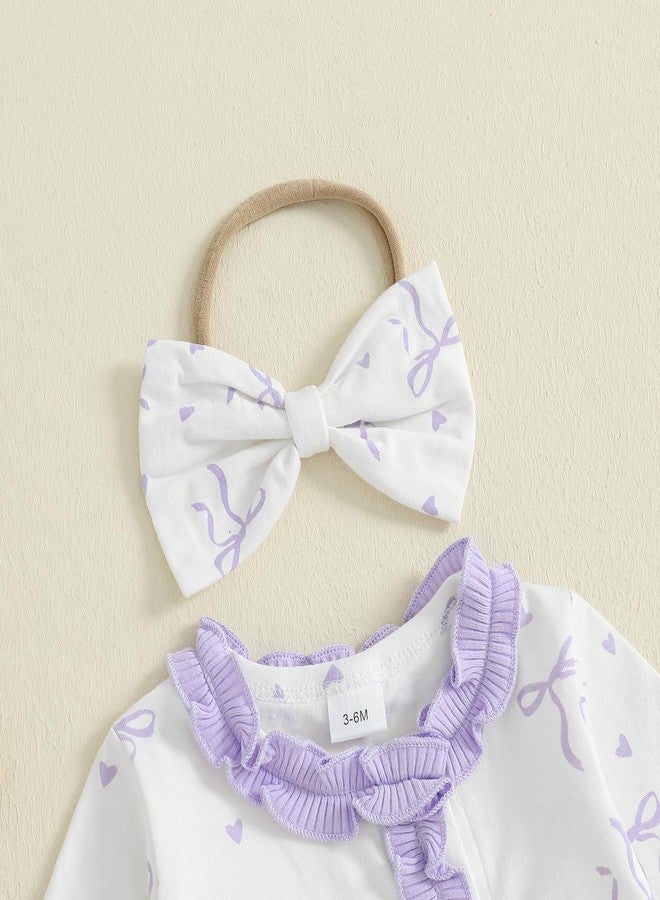 BULINGNA Newborn Baby Girl Outfits Bow Print Jumpsuit Ruffle Zipper Footed One-Piece Romper Cute Fall Winter Baby Outfit (Pink, Newborn) - Image 5